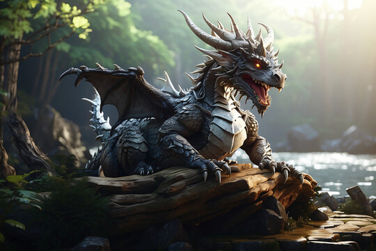 A mighty dragon sits on a rock