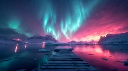 A stunning display of the aurora borealis over a snowy landscape with a wooden pier, AI generated - obrazy, fototapety, plakaty