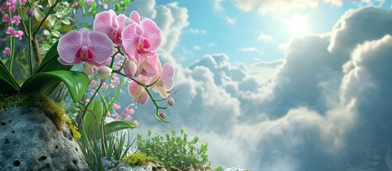  Garden setting with a cloud-covered orchid flower © TheWaterMeloonProjec