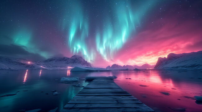 A stunning display of the aurora borealis over a snowy landscape with a wooden pier, AI generated - Powered by Adobe