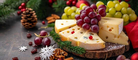 Obraz na płótnie Canvas Rustic table with holiday food: sliced Dutch cheese, sour grapes, raisins.