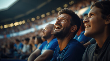 Joyful spectators cheering at a daytime sporting event in a stadium - obrazy, fototapety, plakaty