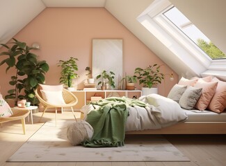 A cozy bedroom with a made bed, wooden chair with black cushion, and potted plants on the floor and nightstands. The bed has a blanket, and the room has white walls and a window with white curtains.