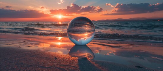 A spherical glass object on the shore mirrors the ocean during summertime sundown. - obrazy, fototapety, plakaty