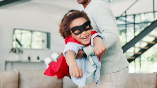 Happy family, parents and play with superhero kid in home, having fun and laughing together. Father, mother and child in costume for game, freedom and African boy excited to pretend in action mask