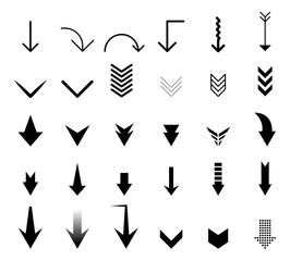 Scroll Down arrow vector set. downward sign. download website ui button collection. - obrazy, fototapety, plakaty