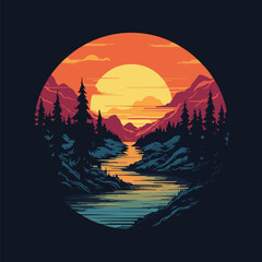 vintage camping of sunset circle landscape with moon