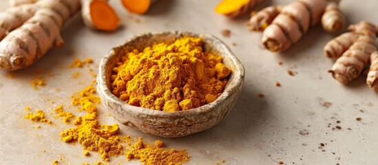 Fototapeta premium Dried turmeric, a spice adding color and flavor, displayed on beige surface.