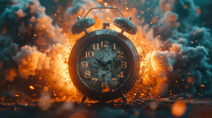 Explosive Moment Frozen in Time with Alarm Clock.