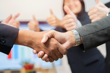 Young business people shaking hands in the office. Finishing successful meeting.