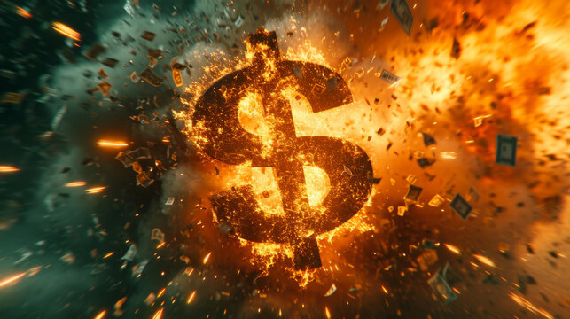 Exploding Dollar Sign in Fiery Background.