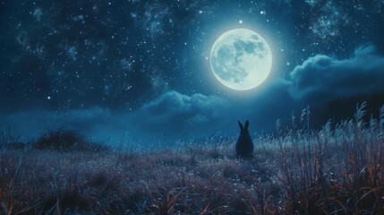 Rabbit Gazing at Full Moon in Starry Night
