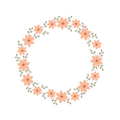 Simple round floral frame isolated on a white background. Vector wreath of delicate flowers and leaves. 
