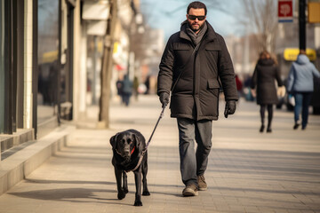 Blind disabled man wearing black sunglasses And a guide dog is walking of a city street, the city background is blurred.