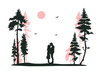 silhouette of a girl and a guy kissing in the forest pink sunset vector
