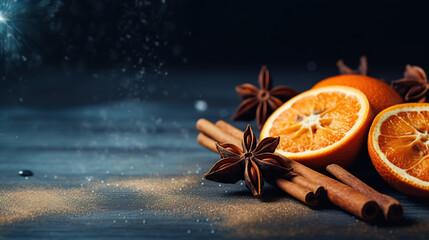 Fototapeta na wymiar beautifully arranged composition of oranges, cinnamon sticks and star anise