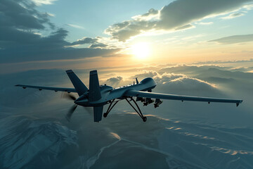 Naklejka premium Military drone with missiles flying in the sky, rear view