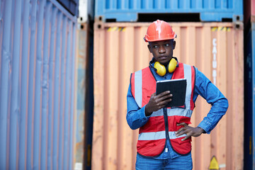factory worker or engineer working on tablet in containers warehouse storage