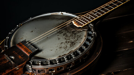 Black background with five-string banjos

