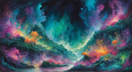 In the depths of a watercolor painting, a mesmerizing scene unfolds—a quantum realm ablaze with gleaming neon lights. 