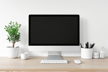 A plain, neatly organized desk with a single, modern computer monitor and a minimalistic keyboard and mouse