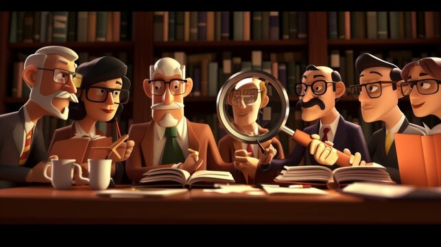 Naklejki Cartoon scene of a book club meeting where the books are reading a murder mystery and one book is dramatically pointing a magnifying gl at the rest accusing them