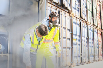 Male rescue workers PPE uniforms wearing gas mask protect against accidental leaks toxic fumes...