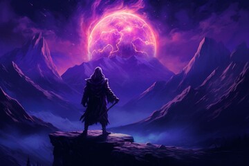 Shadowed sorcerer beside a blazing purple orb, against a mountain at night. Generative AI