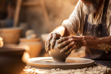 Generative AI Image of Old Man Making a Jug Craft from Clay on Pottery Wheel