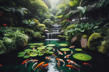 Tuinposter Beautiful Asian landscape with serene lake filled with koi fishes and lily lotus © Zephyr-Imagix 