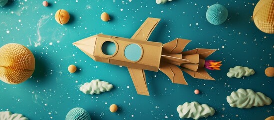 Childhood dream of a kid astronaut, playing with a cardboard spaceship in space, brings happiness to a son and father on Father's Day.