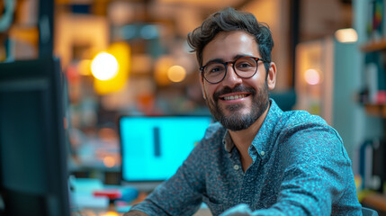 Obraz premium Male office worker wearing glasses look at the camera and smile.