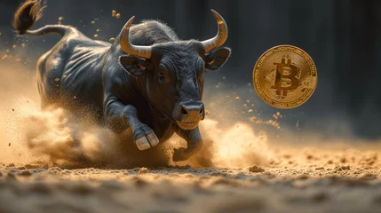 Foto op Plexiglas A bull is chasing a Bitcoin  in the sand on black background. © ZethX
