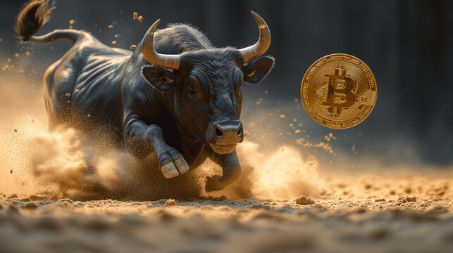 A bull is chasing a Bitcoin  in the sand on black background.