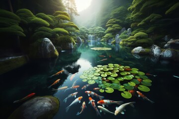 Fototapeta na wymiar Beautiful Asian landscape with serene lake filled with koi fishes and lily lotus