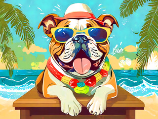 夏の休暇を楽しむ陽気な犬のイラスト