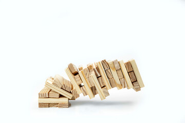 Closeup view of the tower of the wooden block almost falls