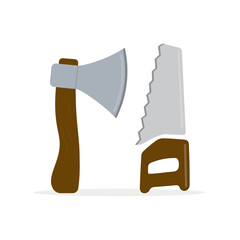 Hand saw and ax icon. Cartoon hand saw, ax vector icon for web design isolated on white background