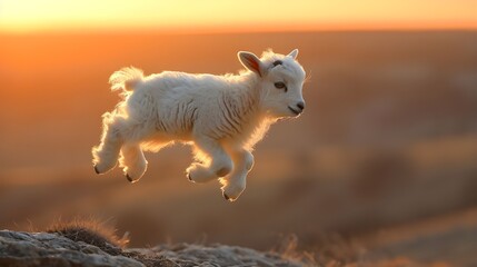 Baby mountain goat soaring gracefully above a vast valley