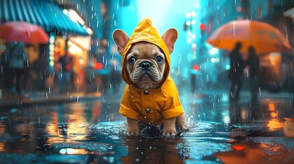 Cute french bulldog puppy in the rain, funny adorable dog posing in fashionable raincoat, pet animal in costume joke message greeting card wallpaper concept