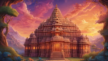 Illustration of Hindu mandir, Shree Ram temple - obrazy, fototapety, plakaty