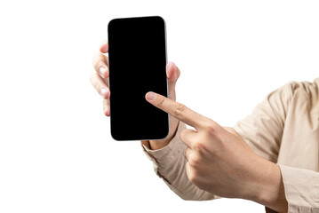 People hand shows a mobile phone with a blank screen