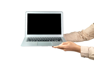 People hand holding laptops with a blank screen
