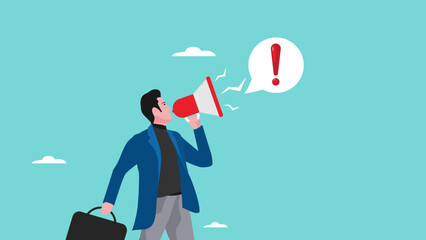 Important announcement, attention or warning information, breaking news or urgent message communication, businessman announces in megaphone with attention exclamation mark concept vector illustration - obrazy, fototapety, plakaty