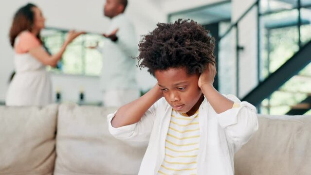Frustrated couple, argument and child in fight, stress or depression from mental health or divorce on sofa at home. Young sad little boy ignoring parents in disagreement, breakup or cheating affair
