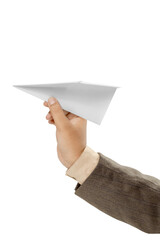 Business hand holding white paper plane origami