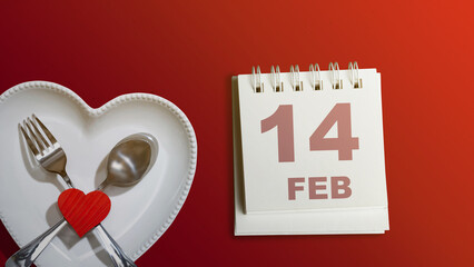 Heart plate with silverware of fork and knife with a red heart and calendar with the date of 14th...