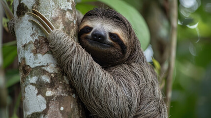 Fototapeta premium Closeup of a sleepy sloth slowly making its way up a tall tree its long claws tightly grasping onto the bark.