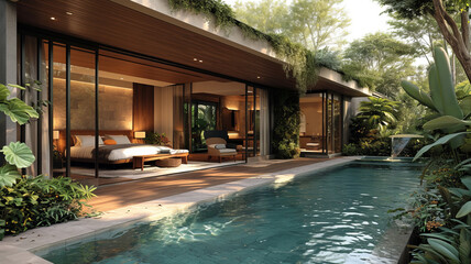 Luxurious poolside bedroom with modern design, blending comfort and nature, AI Generative.