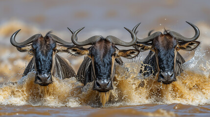 wildebeest in the water - obrazy, fototapety, plakaty
